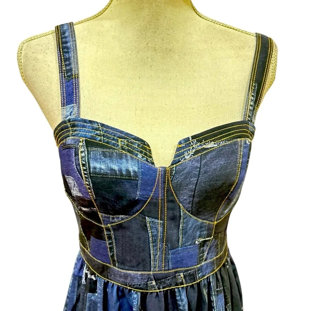 Cinq à Sept Jordyn Navy blue Patchwork tiered ruffle Midi cocktail Dress size 6 - Picture 7 of 16